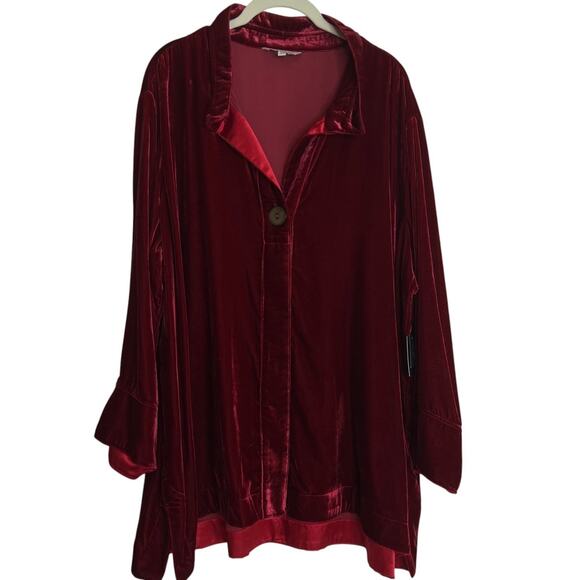 John Mark Womens Velvet Tunic 2X Ruby Red Button Front Wired Collar 3/4 Sleeve - Picture 1 of 7